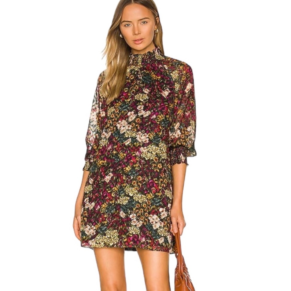 REVOLVE Floral Long Sleeve High Neck Mini Dress in Burgundy Multi